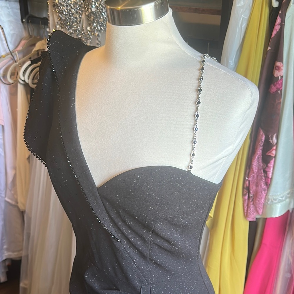 Black Ruffled One Shoulder Cocktail Dress - Picture 2 of 8